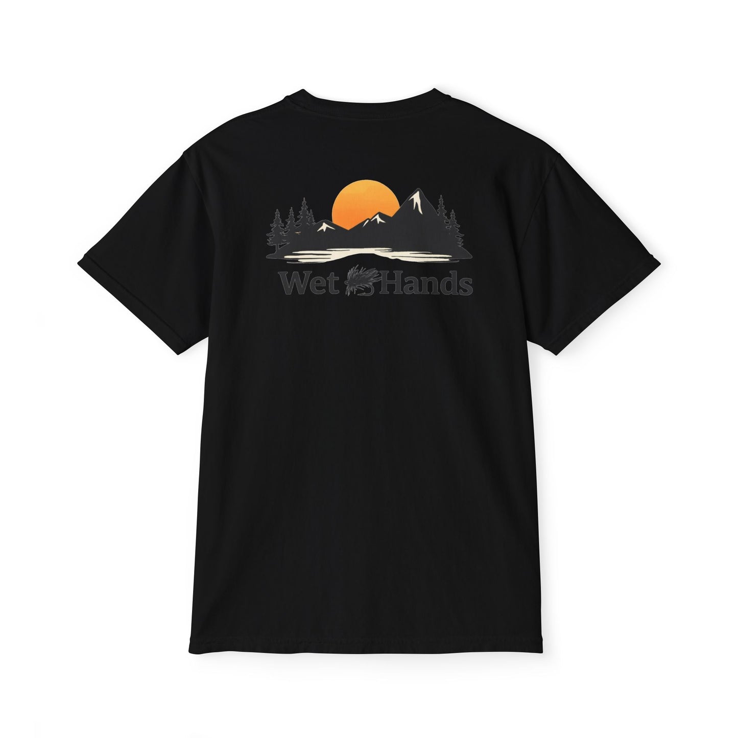 Pocket T-Shirt with Sunset Fishing Graphic — "Wet Hands" Outdoor Tee