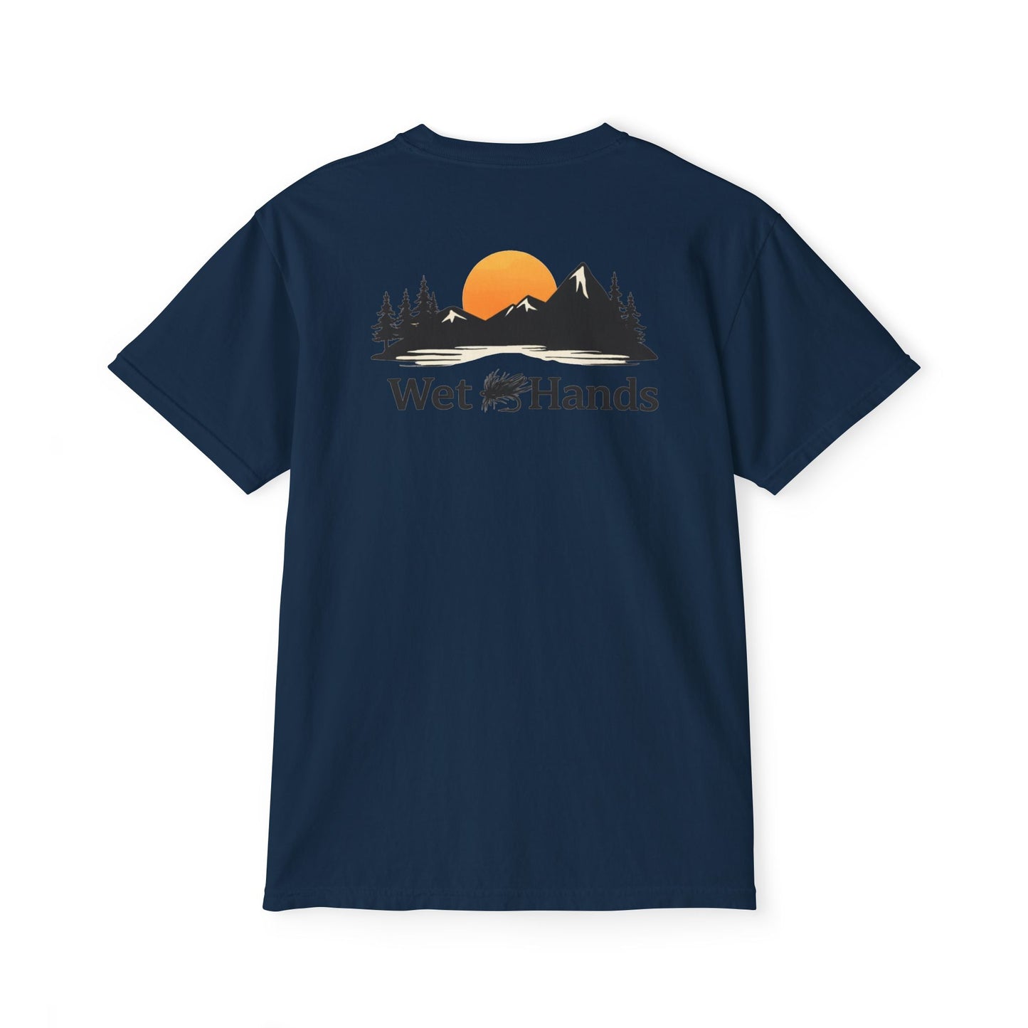 Pocket T-Shirt with Sunset Fishing Graphic — "Wet Hands" Outdoor Tee