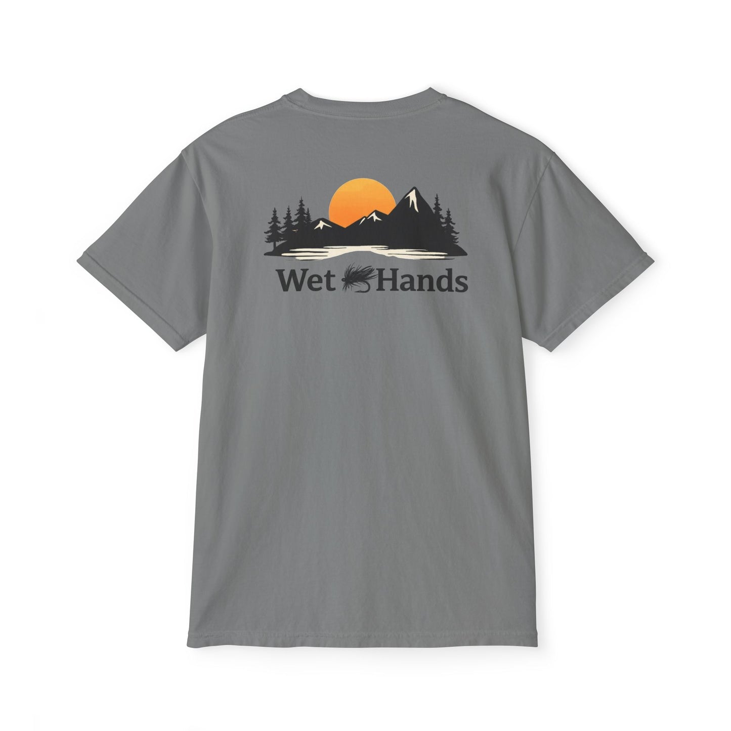 Pocket T-Shirt with Sunset Fishing Graphic — "Wet Hands" Outdoor Tee